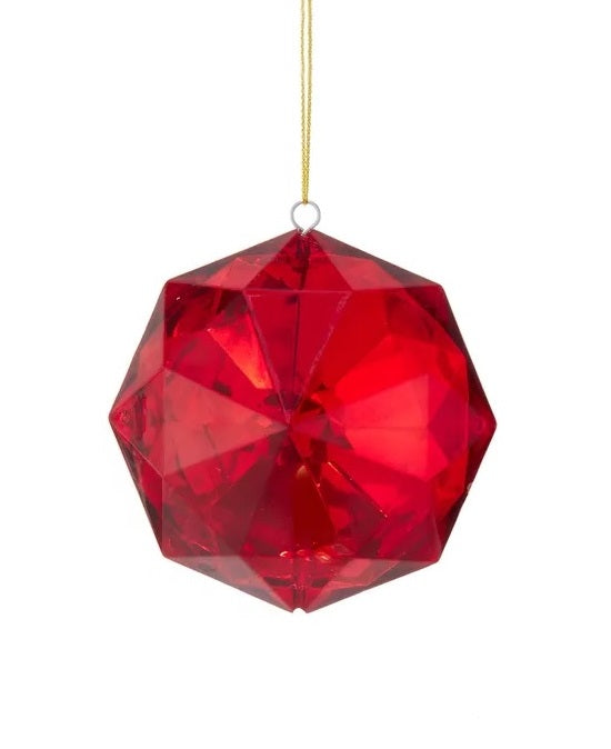This ornament is a slightly round jewel-like ornament in a deep red color.