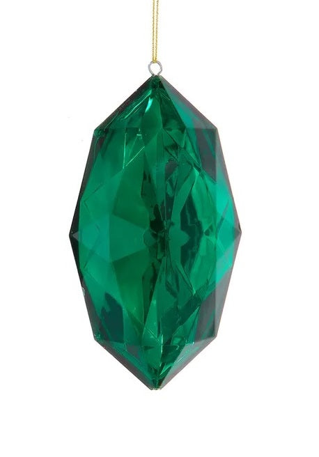 This ornament is a long jewel-like ornament in a deep green color.