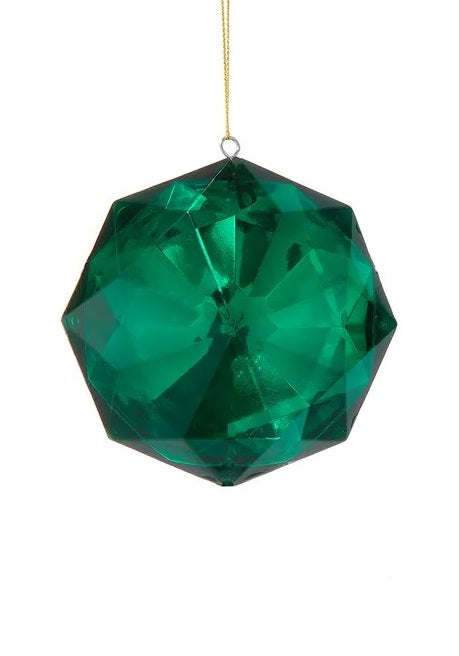 This ornament is a slightly round jewel-like ornament in a deep green color.