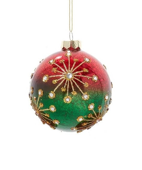 This ornament is round and features an Ombre design of red going into green. There are gold glitter sunburst designs with silver gems in the center.
