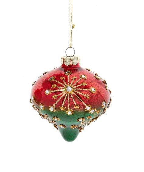 This ornament is onion-shaped and features an Ombre design of red going into green. There are gold glitter sunburst designs with silver gems in the center.