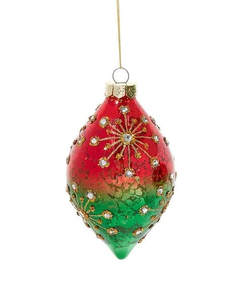 This ornament is finial-shaped and features an Ombre design of red going into green. There are gold glitter sunburst designs with silver gems in the center.
