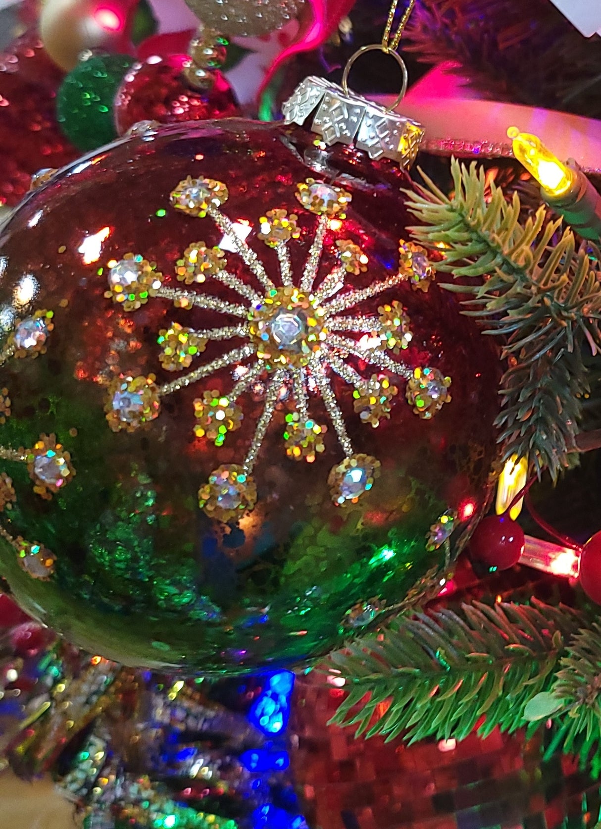 100MM Red, Green & Gold Glass Ornament