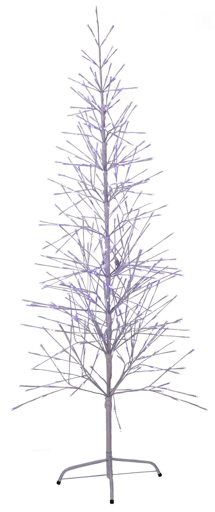 This image shows the 6.5 ft. fake birch tree featuring pure white and blue colored lights. This is showing it on a white background.