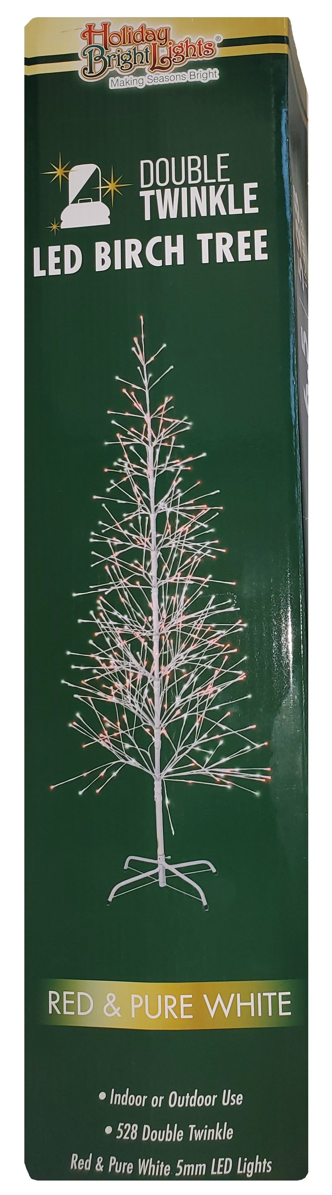 This image shows the box that this LED birch tree comes in. It reads "Holiday Bright Lights making seasons bright. Double twinkle LED birch tree. Red & Pure White. Indoor or Outdoor use. 528 double twinkle. Red & Pure White 5mm LED lights."