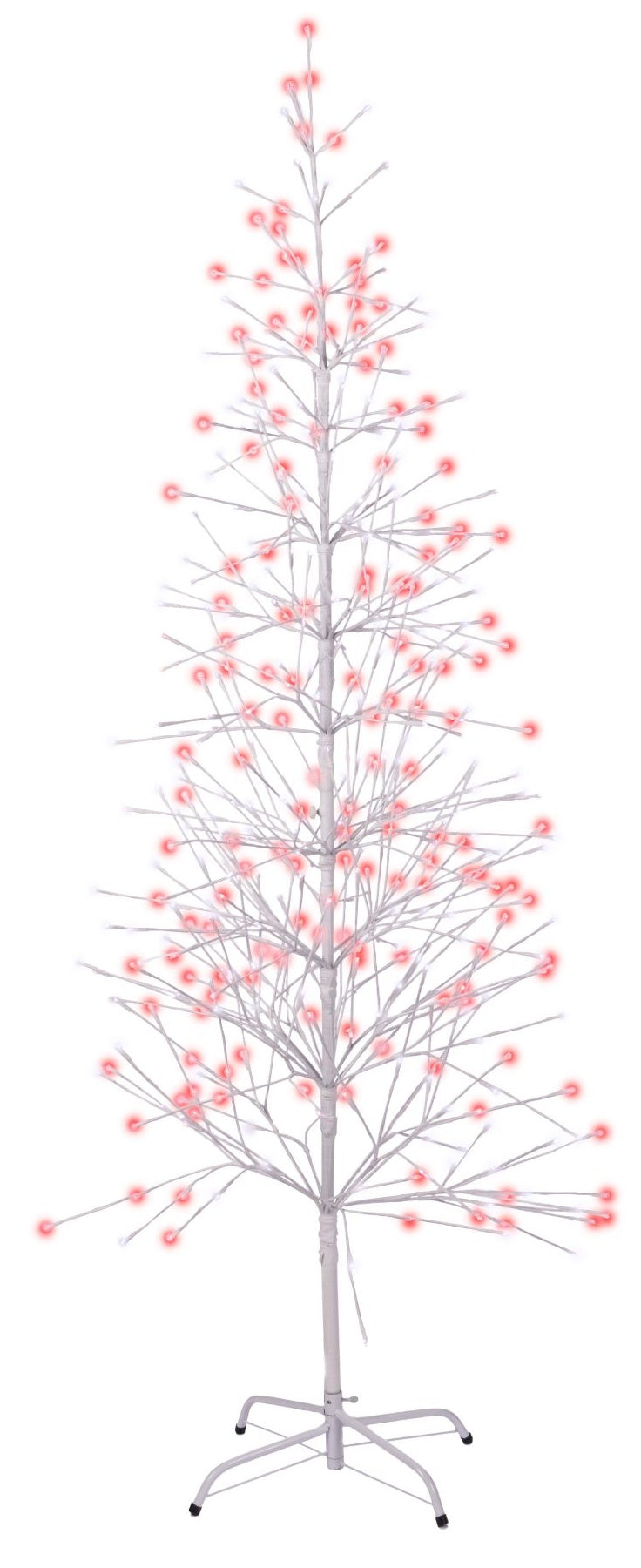 This image shows the 6.5 ft. fake birch tree featuring red and pure white colored lights. This is showing it on a white background.