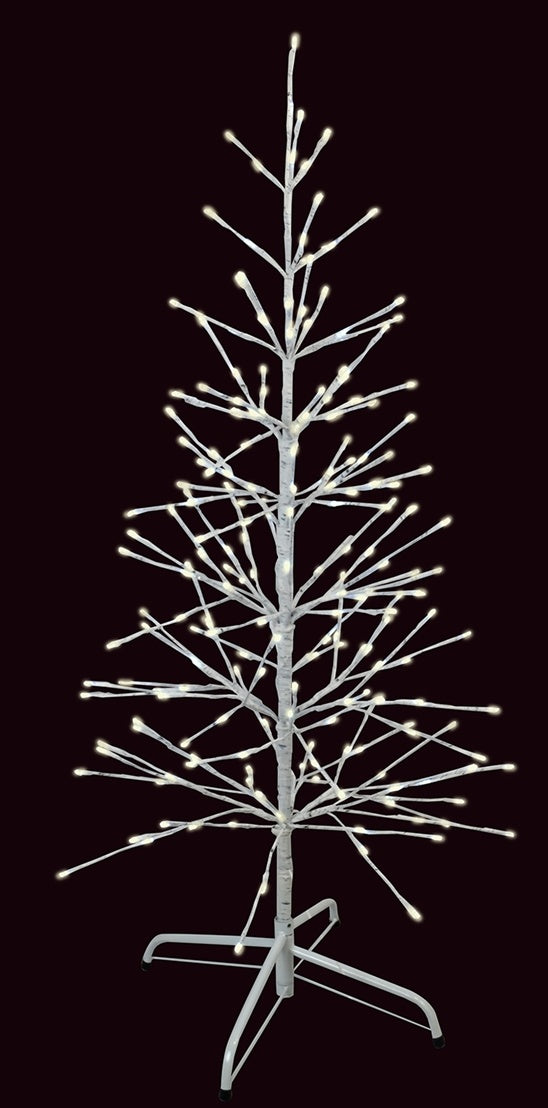 This image shows the white wrapped fake birch tree on a black background. The branches have warm white and pure white LED lights.