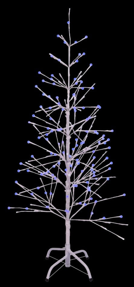 This image shows the white wrapped fake birch tree on a black background. The branches have blue and red LED lights.