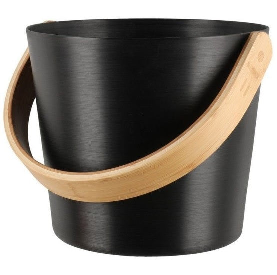 A black colored aluminum sauna bucket with a wooden handle.
