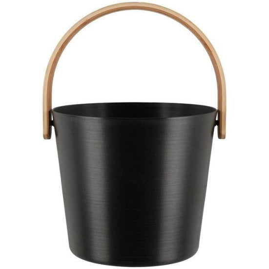A black colored aluminum sauna bucket with a wooden handle.