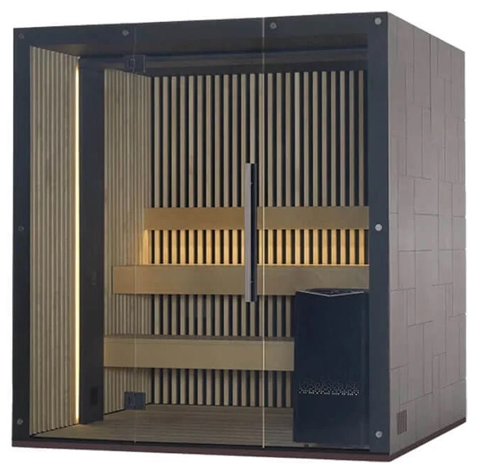 A heavy duty, at home sauna with glass doors.