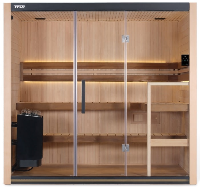 A light brown colored sauna that fits 4 people. There are lights on inside and they're yellow.