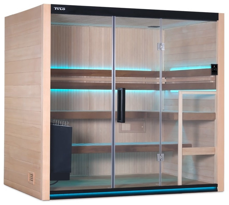 A light brown home sauna that fits 4 people. There are lights on inside the sauna and they're blue.
