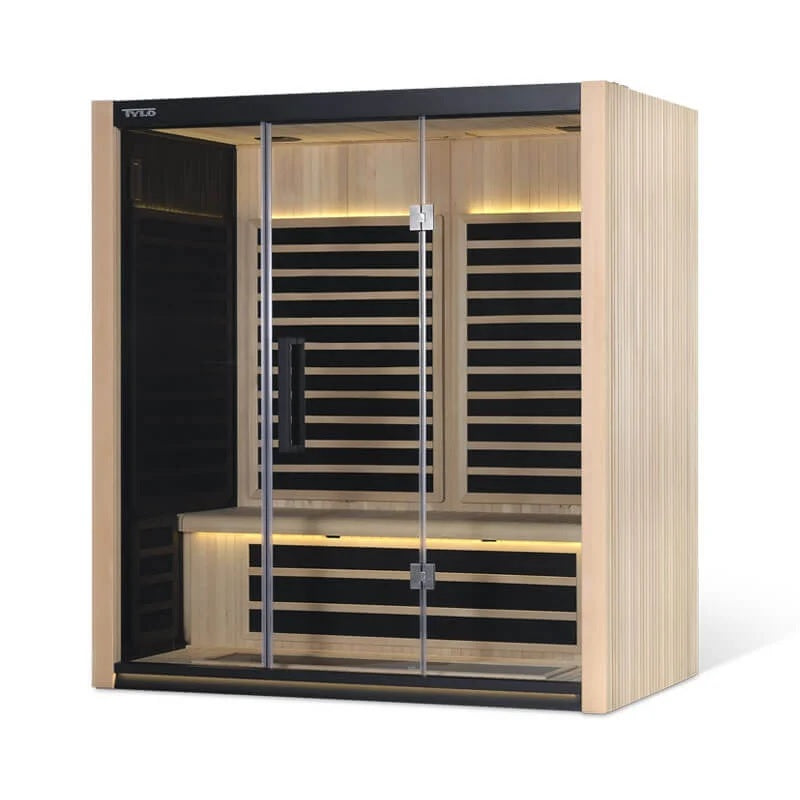 A light brown, 3-person sauna with yellow lights on inside.