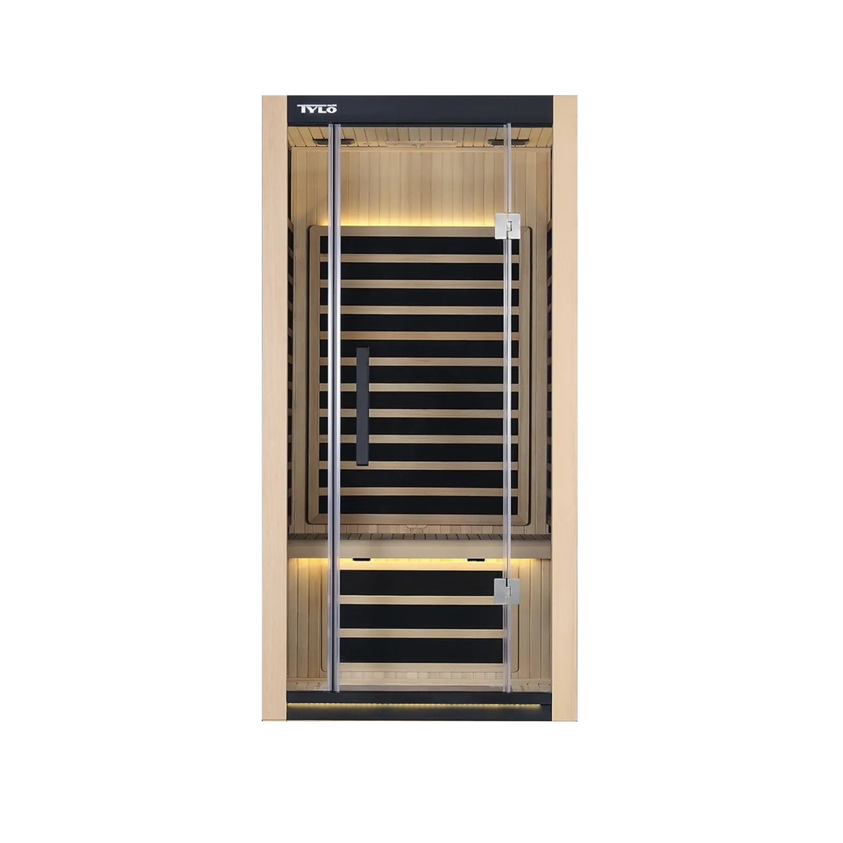 Light brown colored home sauna that fits 1 person. The lights inside the sauna can be changed. The lights in this image are yellow.