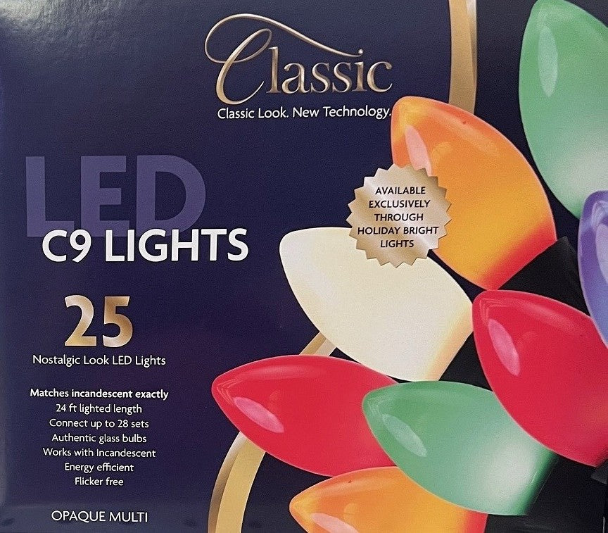 This image shows the box that these opaque multi-colored lights come in. It reads "Classic look, new technology. LED C7 lights. 25 nostalgic-look LED lights. Matches incandescent exactly. 24 ft. lighted length. Connect up to 28 sets. Authentic glass bulbs. Works with incandescent. Energy-efficient. Flicker free."