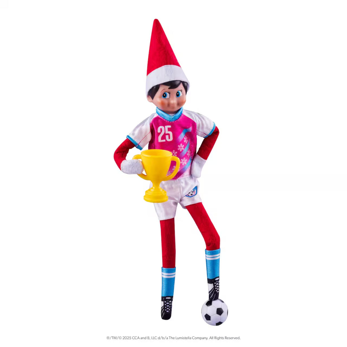 This image shows a Scout Elf on a white background wearing the soccer uniform and holding the trophy.