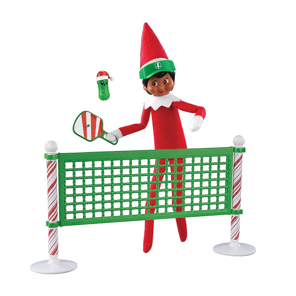 This image shows a Scout Elf playing pickleball on a white background.
