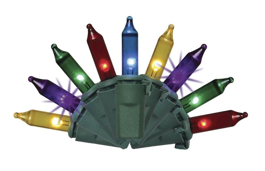 This image shows the multi-colored twinkling lights on a white background. The multi colors consist of: Yellow, Purple, Green, Red and Blue.