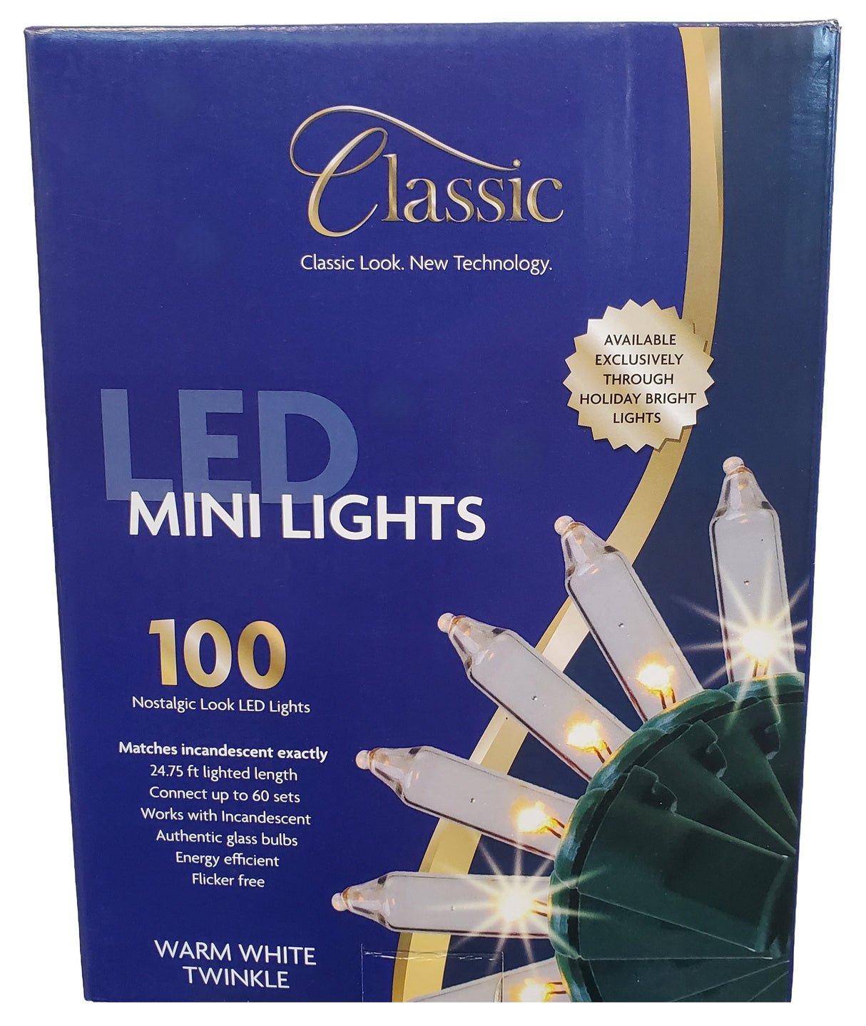 This image shows the packaging that these lights come in. The box reads "Classic Look. New Technology. LED Mini Lights. 100 nostalgic look LED lights. Matches incandescent exactly. 24.75 ft. lighted length. Connect up to 60 sets. Works with incandescent. Authentic glass bulbs. Energy efficient. Flicker free. Warm White Twinkle."