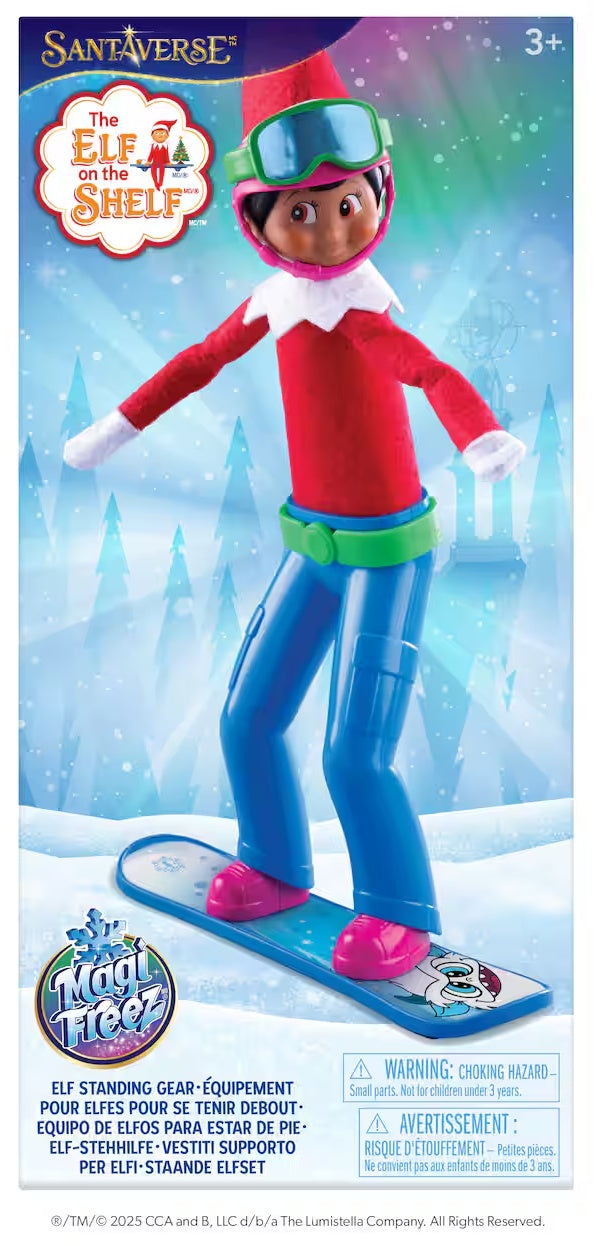 This image shows the packaging that this snowboard set comes in. It reads "Santaverse. The Elf on the Shelf MagiFreez Elf Standing Gear-Equipment."
