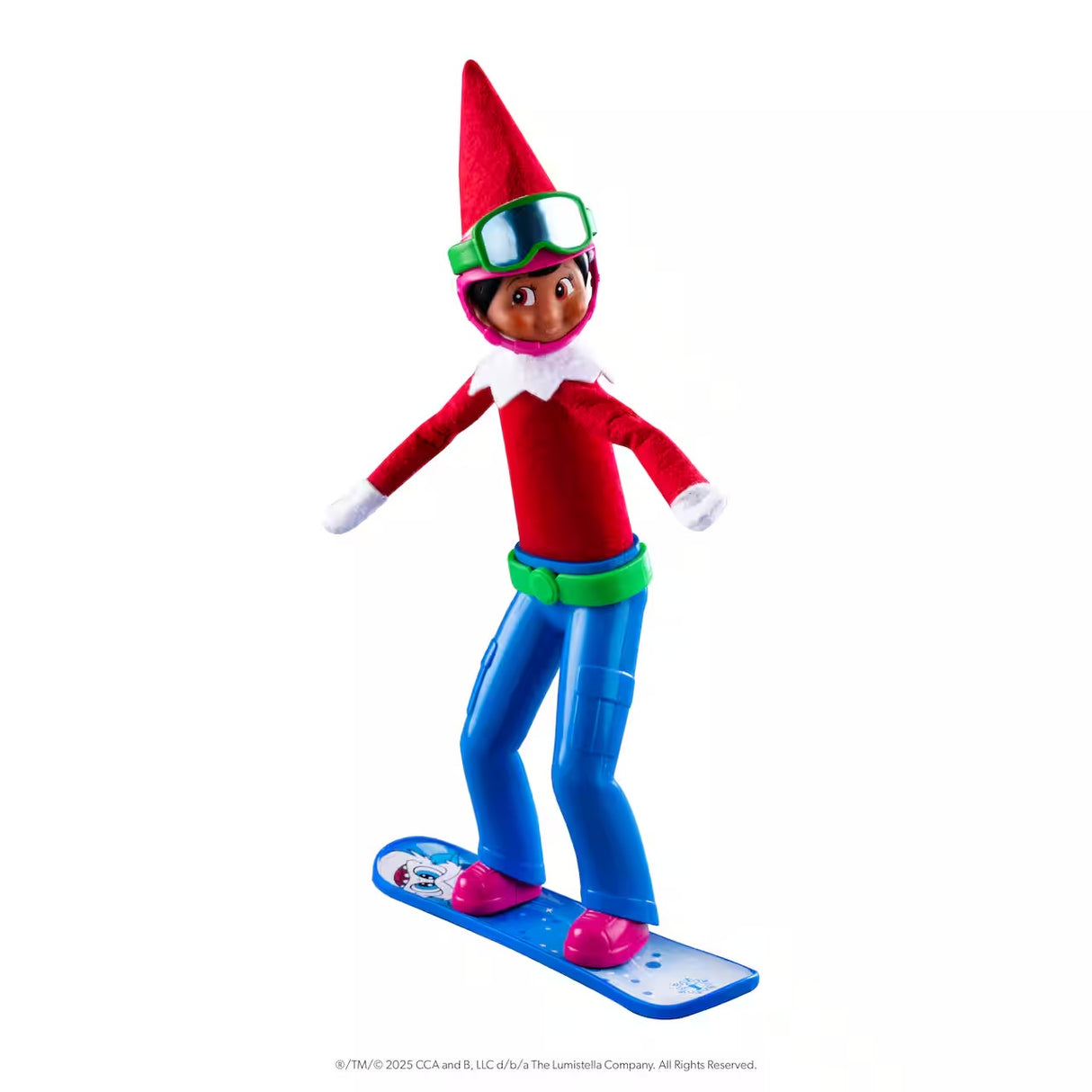 This image shows a Scout Elf wearing the helmet, goggles and pants on a snowboard on a white background.