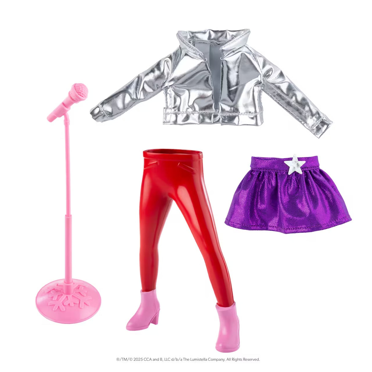 This image shows what comes in this elf kit: a pink microphone stand with microphone, a silver jacket, a shiny purple skirt with a silver heart on it and "magic" red pants with pink boots. The red pants are designed to make your Scout Elf stand upright without any help.