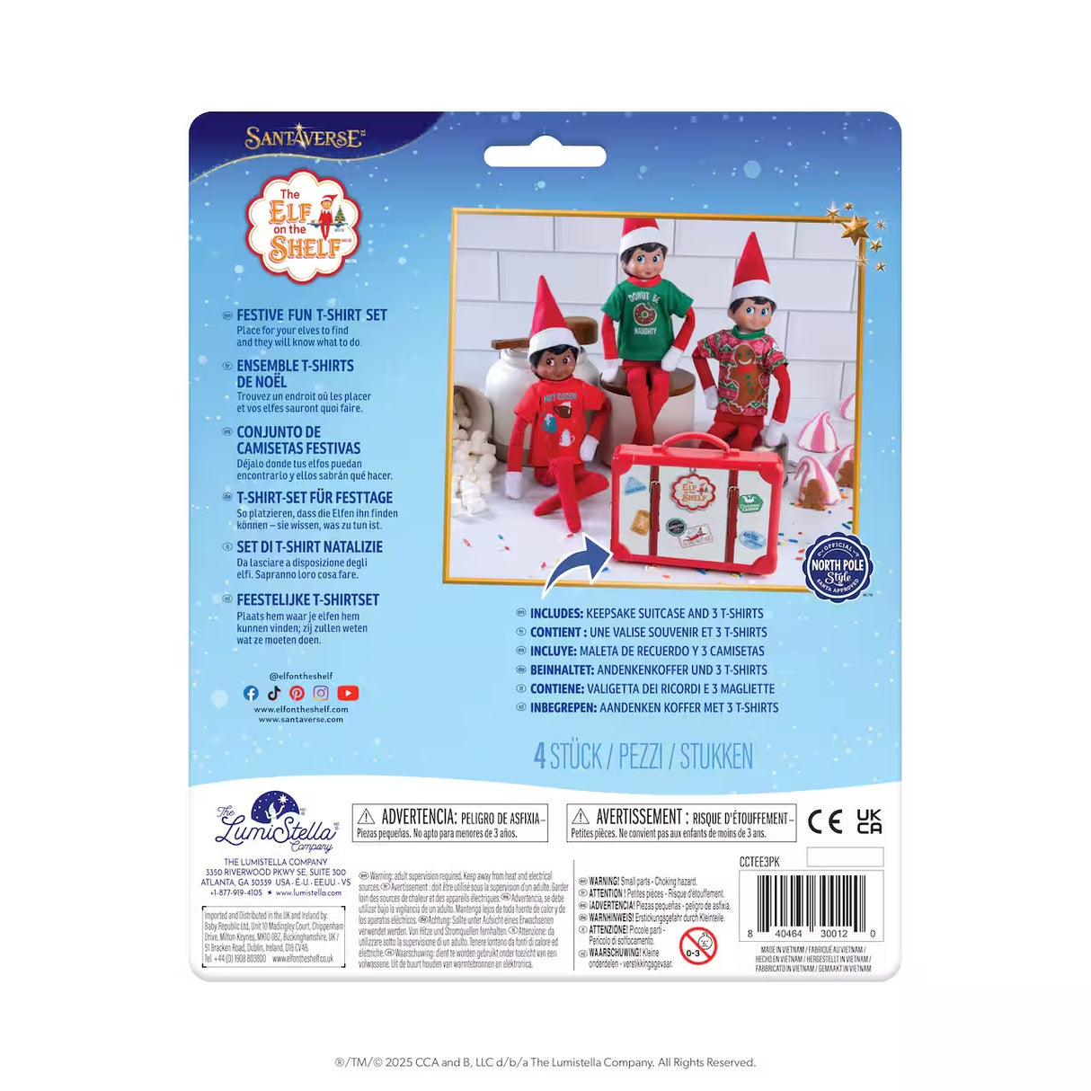 This is the back of the packaging that this kit comes in. It reads "Santaverse. The Elf on the Shelf. Festive fun t-shirt set. Place for your elves to find and they will know what to do. Includes: Keepsake suitcase and three t-shirts. Official North Pole Style Santa Approved."