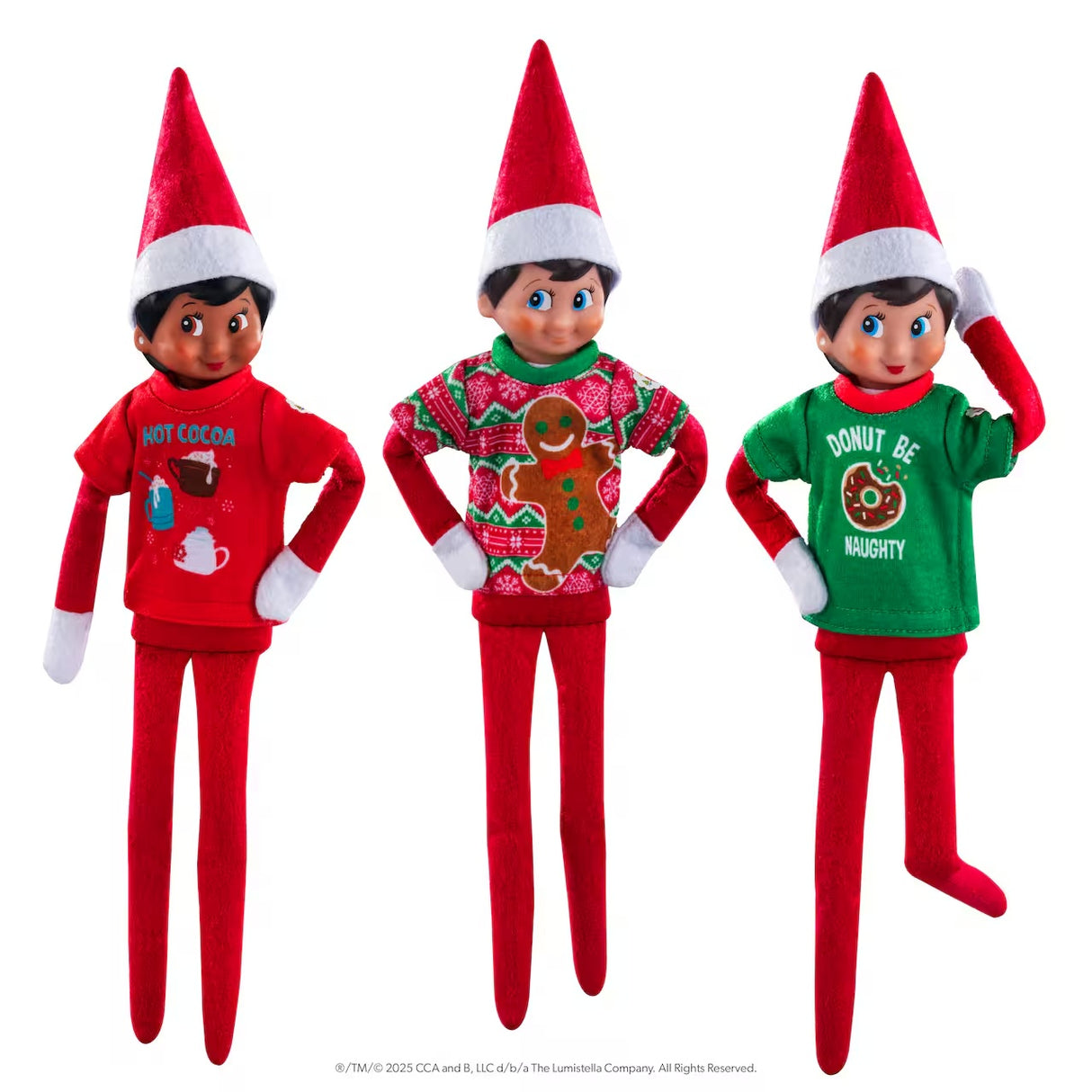 This image shows three Scout Elves wearing the different festive t-shirts on a white background.