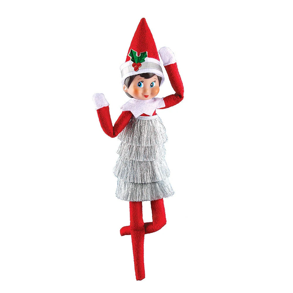 This image shows a Scout Elf posing and wearing the silver hat accessory and the silver tinsel dress on a white background.