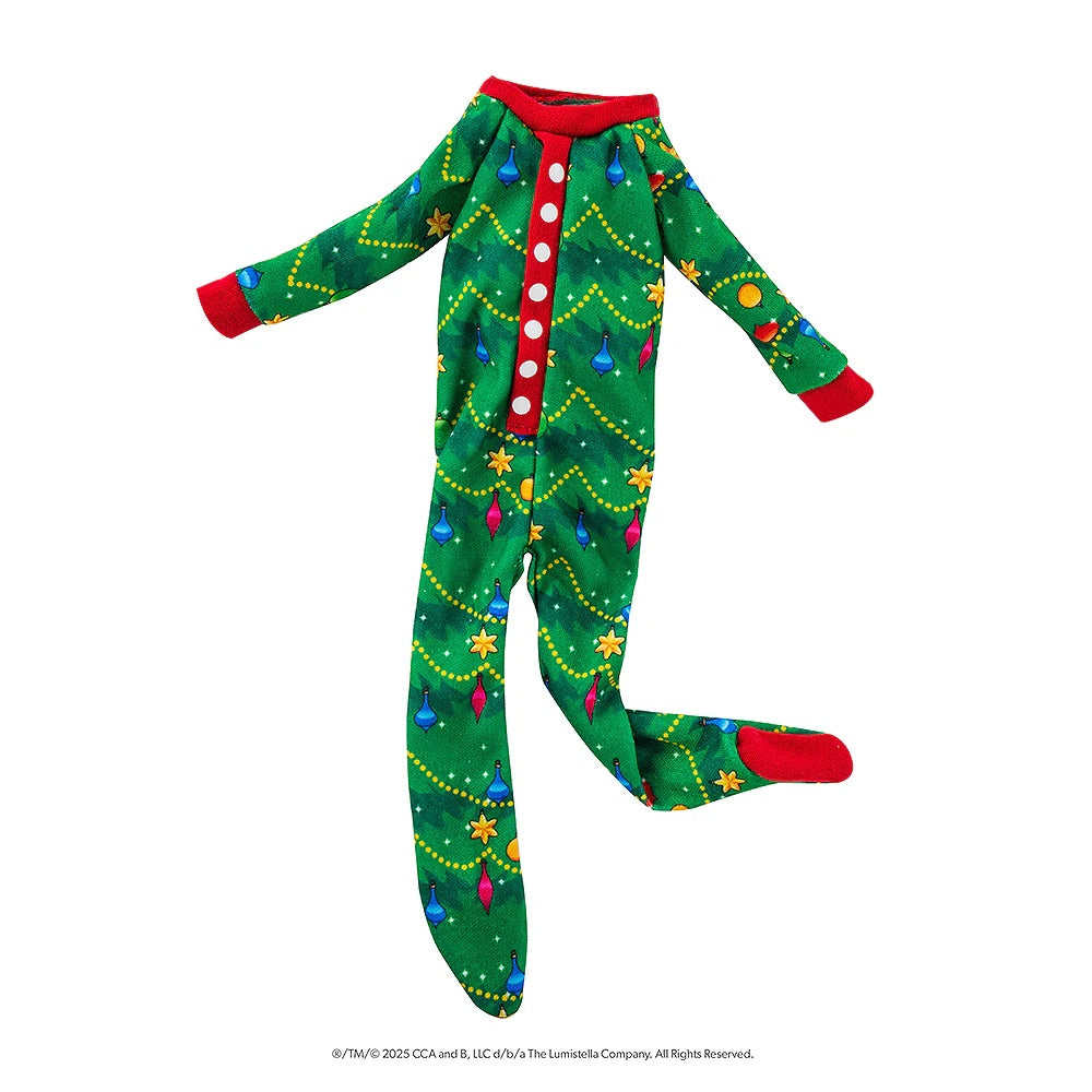 This image shows the Scout Elf Christmas pajamas on a white background. The pjs are green with a red border. There are gold bead designs along with red and blue colored ornament designs. The buttons are white.