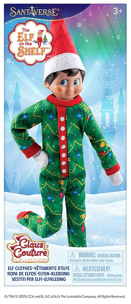 This image shows the packaging that this Elf on the Shelf pajamas come in. It reads "Santaverse. The Elf on the Shelf Claus Couture Collection Elf Clothes."