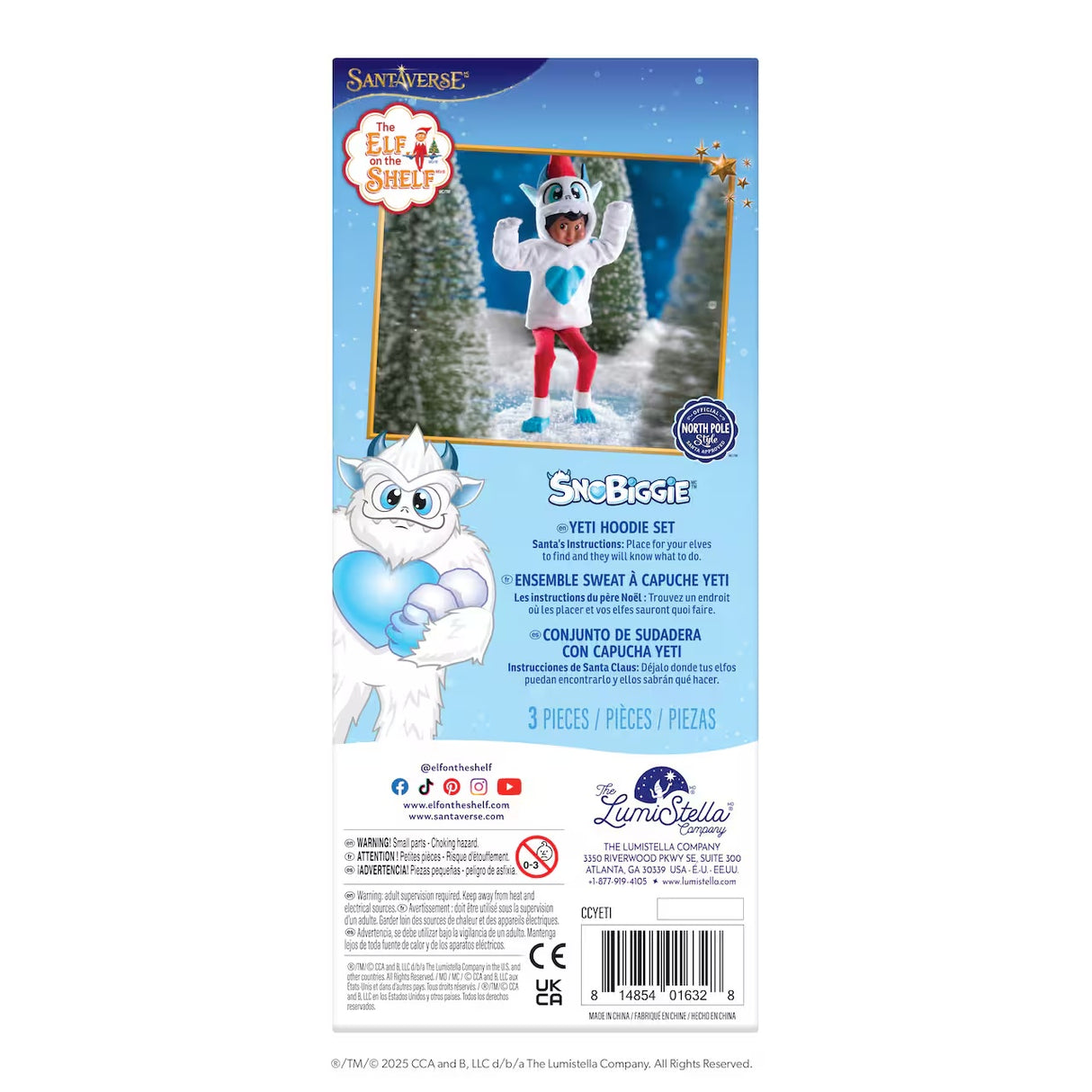 This image shows the back of the packaging that this Yeti monster hoodie comes in. It reads "Santaverse. The Elf on the Shelf SnoBiggie Yeti Hoodie Set. Official North Pole Style Santa Approved."