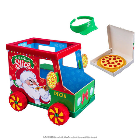 This image shows what comes in this Polar Props kit on a white background. It includes: a truck, a green visor and a pizza box with a pizza inside.