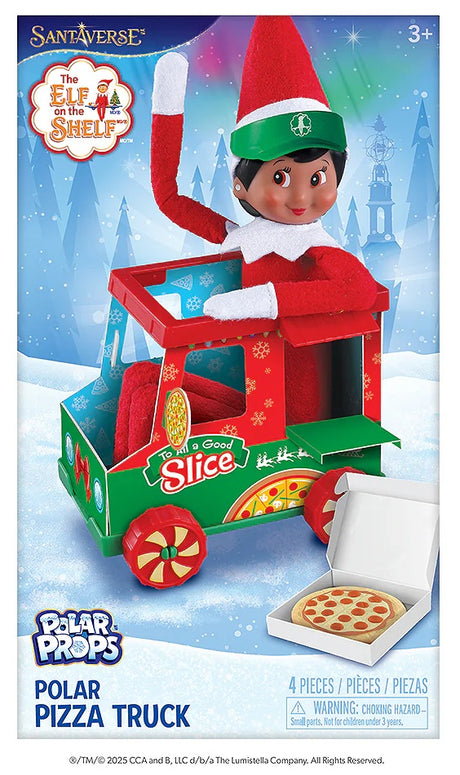 This image shows the packaging that this pizza prop comes in. It reads "Santaverse. The Elf on the Shelf Polar Props Polar Pizza Truck."