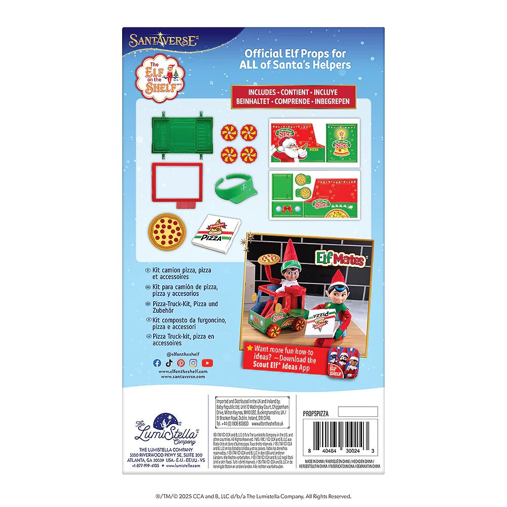 This image shows the back of the packaging of this Polar Props Pizza Truck kit. It reads "Santaverse. The Elf on the Shelf. Official elf props for ALL of Santa's Helpers! It shows everything included in this box."