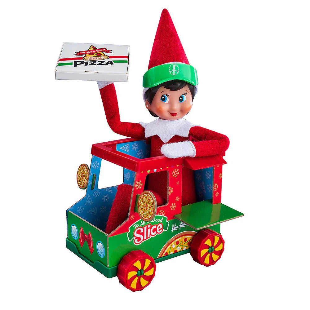 This image shows a Scout Elf inside the pizza truck holding a pizza box on a white background.