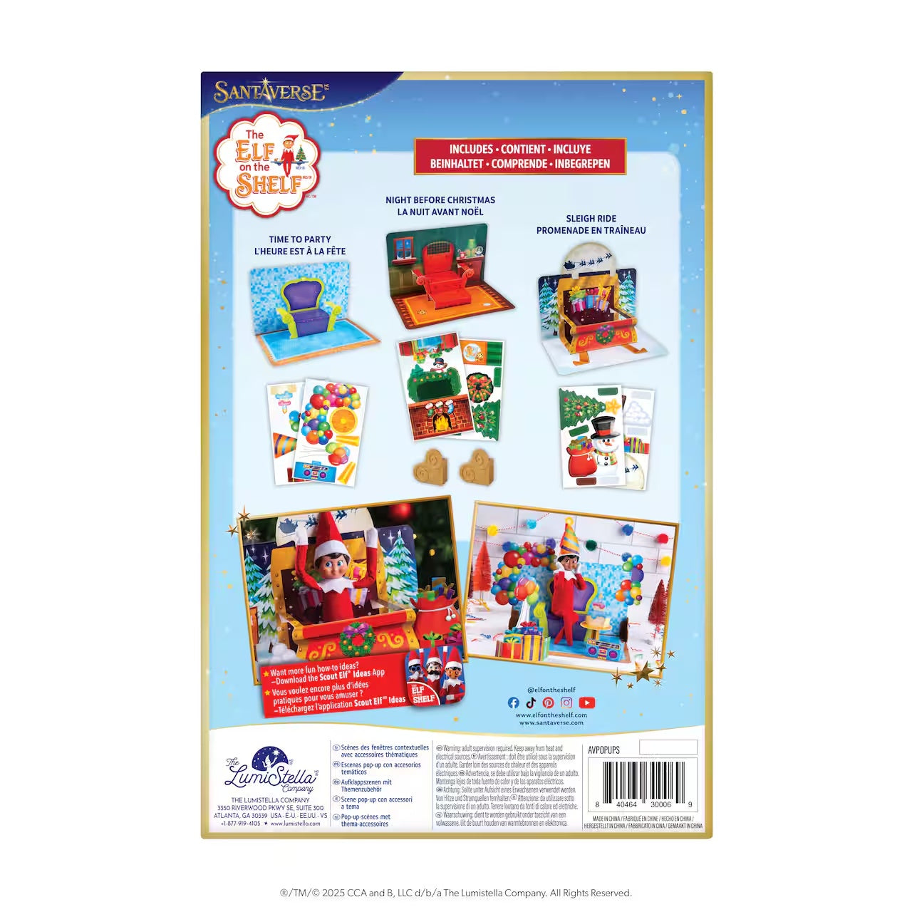 This image shows the back of the packaging for this kit. It reads "Santaverse. The Elf on the Shelf kit includes: Time to Party, Night Before Christmas and Sleigh Ride." And it shows all the different things included.