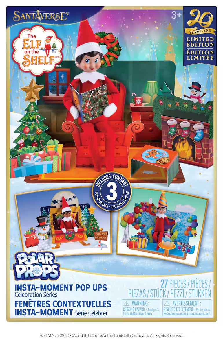 This is the packaging that this Elf on the Shelf kit comes in. It reads "Santaverse. 20th Anniversary Elf on the Shelf Limited Edition. Includes three pop up scenes. Polar Props Insta-Moment Pop Ups. 27 pieces. Ages 3+"