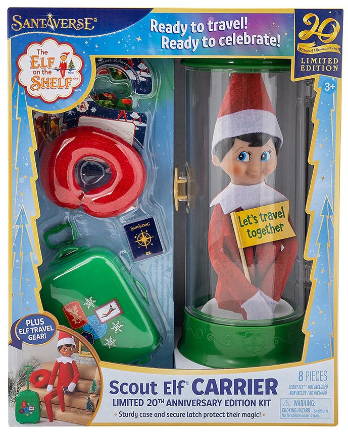This is the packaging that this Scout Elf carrier comes in. It reads "Santaverse. The Elf on the Shelf. Ready to travel! Ready to celebrate! 20th Anniversary Limited Edition. Ages 3+"