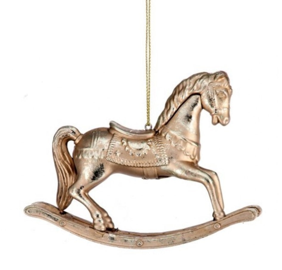 This image shows the Champagne Gold version of this rocking horse ornament.