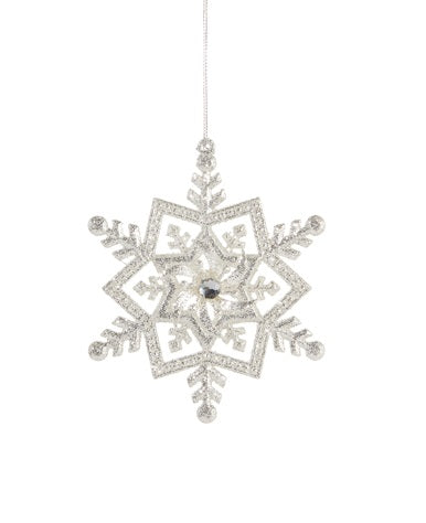 This snowflake ornament is covered in tiny, shiny beads with a small gem in the center.