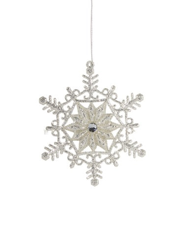 This snowflake ornament is covered in tiny, shiny beads with a small gem in the center.
