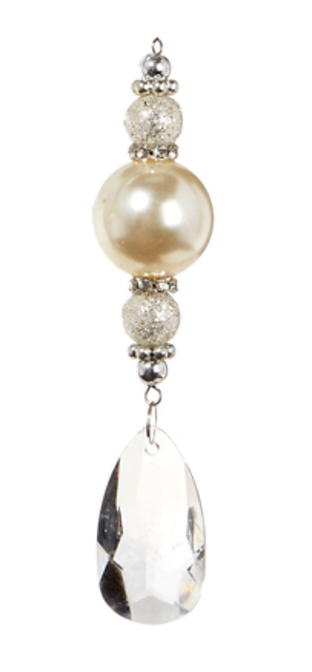 This ornament features two small glitter beads, an ivory pearl and a see-through oval bead.