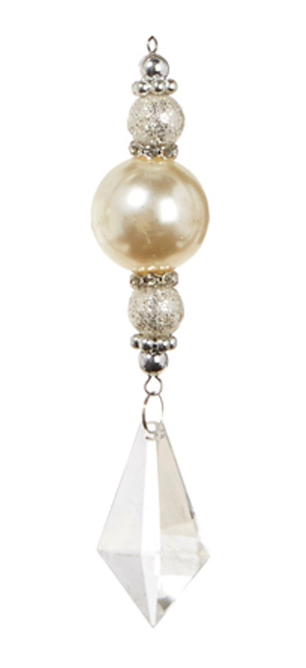 This ornament features two small glitter beads, an ivory pearl and a see-through diamon-shaped bead.
