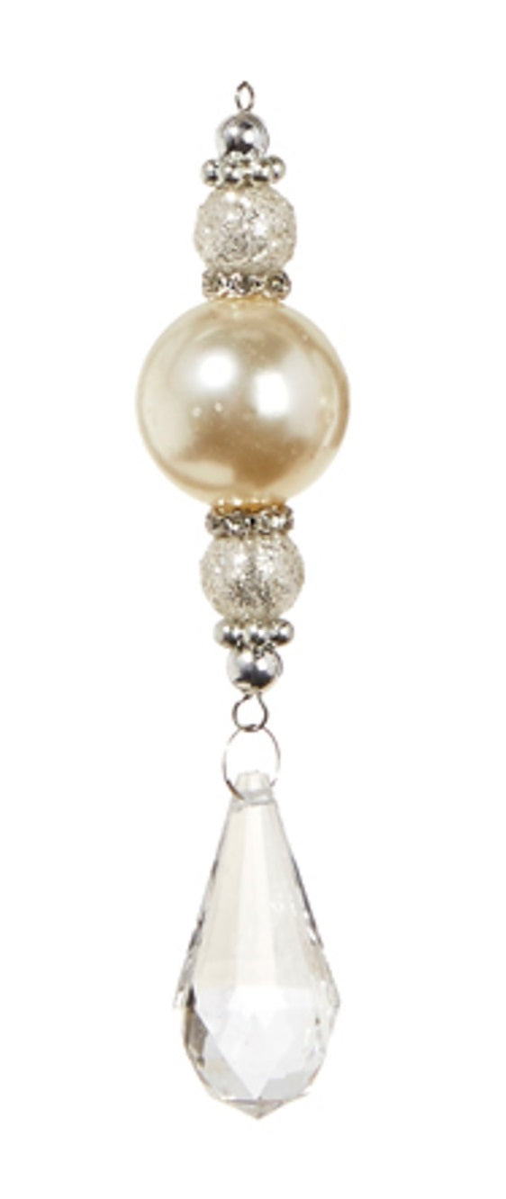 This ornament features two small glitter beads, an ivory pearl and a see-through oval bead.