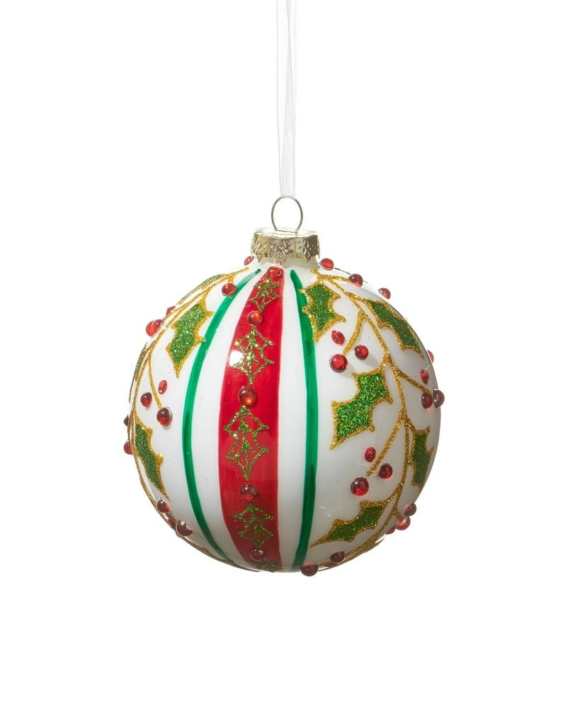 This round ornament features green stripes, red stripes with holly leaves and berries and white stripes with gold stems and green leaves.