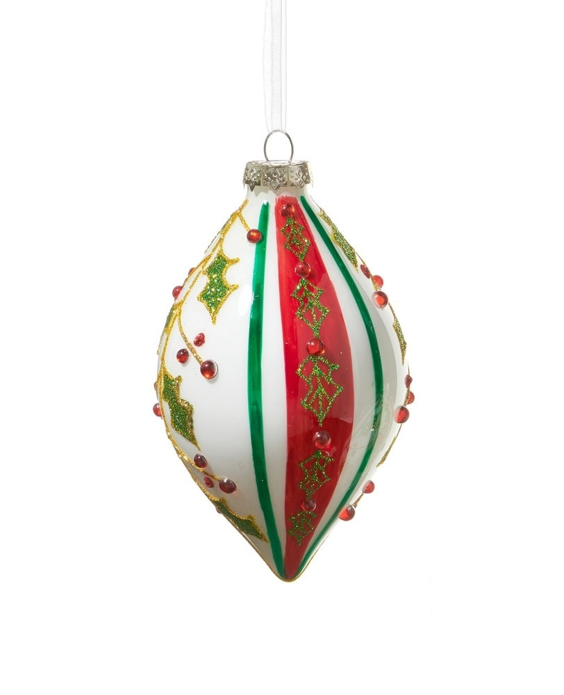 This finial-shaped ornament features green stripes, red stripes with holly leaves and berries and white stripes with gold stems and green leaves.