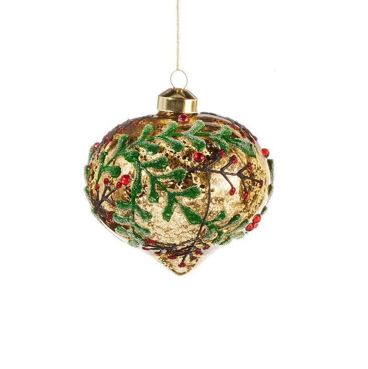This ornament is onion-shaped and gold with green leaves, brown stems and red berries.