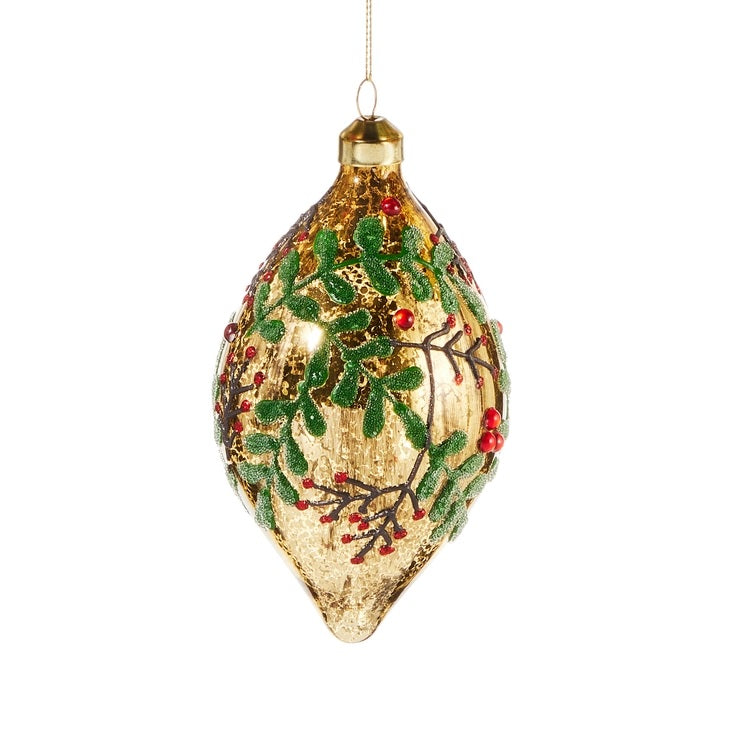 This ornament is finial-shaped and gold with green leaves, brown stems and red berries.